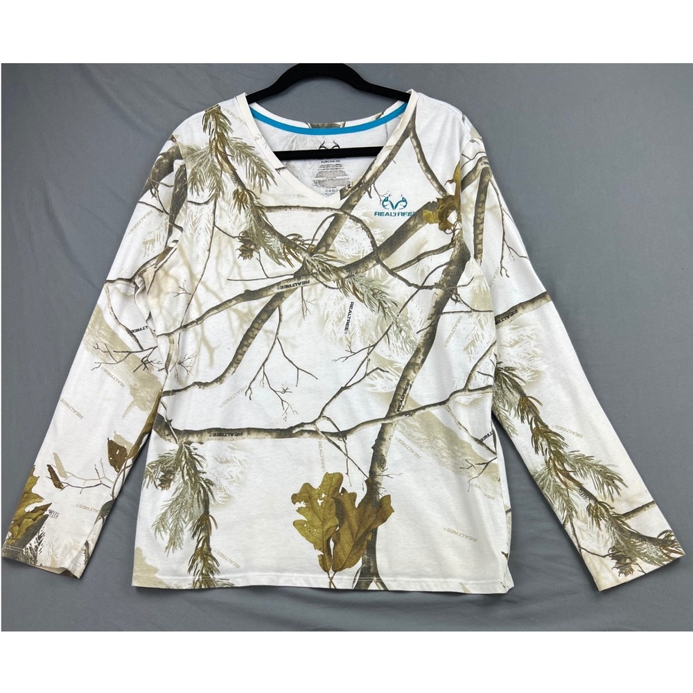 Realtree Long Sleeve Tee Womens XL V-Neck Camo White Brown Outdoor Top Good